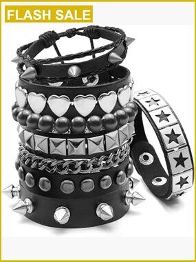 6 Pcs Gothic Punk Bracelets Set with Spikes Studs Chain Beaded Cuff Wristband